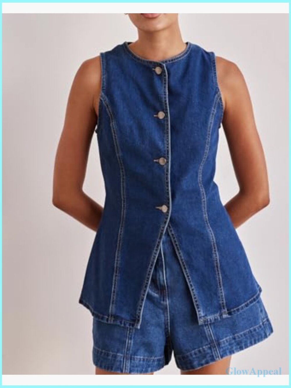 Long Denim Vest Sleeveless Button-Up Back Slit Jean Jacket Waistcoat Y2K - Picture 7 of 7
